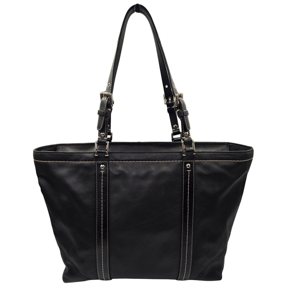 Coach Hampton Black Leather Tote Bag Contrast Stitch - Picture 3 of 11
